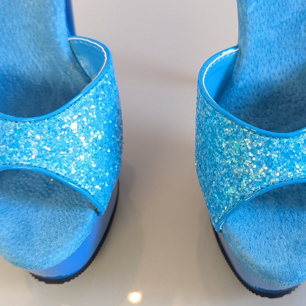 Pleaser Delight 609 Neon Blue Chunky Glitter Peep Toe Platform Stiletto Heels 8 - Picture 8 of 10